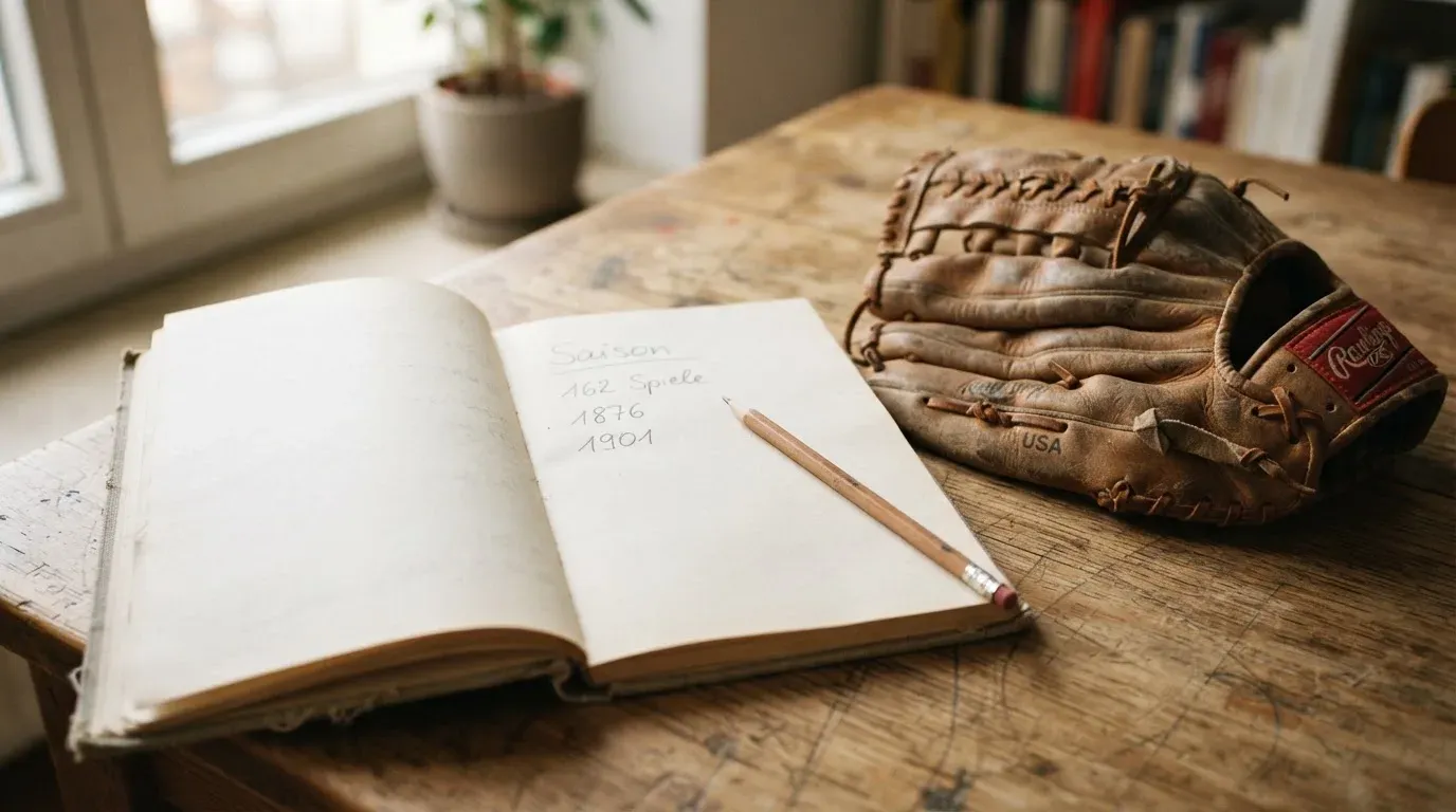 Ein aufgeschlagenes Notizbuch mit handgeschriebenen Notizen und ein Bleistift liegen auf einem Holztisch neben einem abgegriffenen Baseballhandschuh.