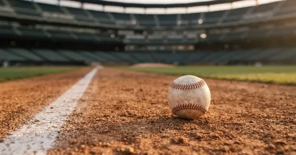 Ein weisser Baseball liegt auf rotbraunem Sand neben der Grundlinie eines leeren Stadions im warmen Abendlicht, die Ränge sind verlassen.