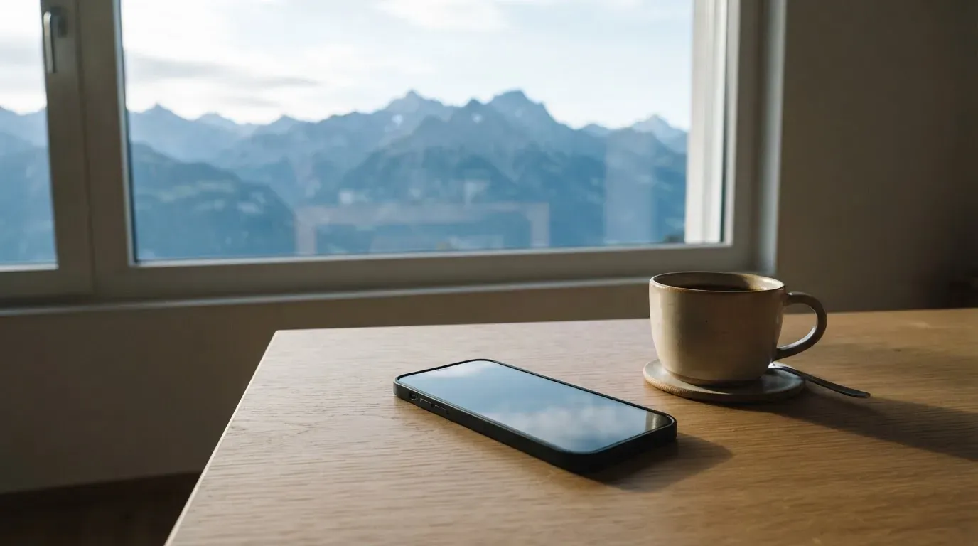 Ein Smartphone mit dunklem Bildschirm liegt auf einem hellen Schreibtisch neben einer Tasse, durch das Fenster dahinter sieht man eine Bergkette.