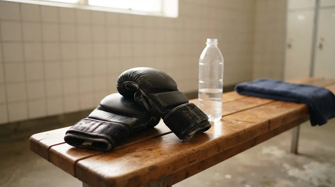 Ein Paar Kampfsporthandschuhe liegt auf einer Holzbank neben einer Wasserflasche in einer ruhigen Umkleide, durch ein hohes Fenster fällt Tageslicht.
