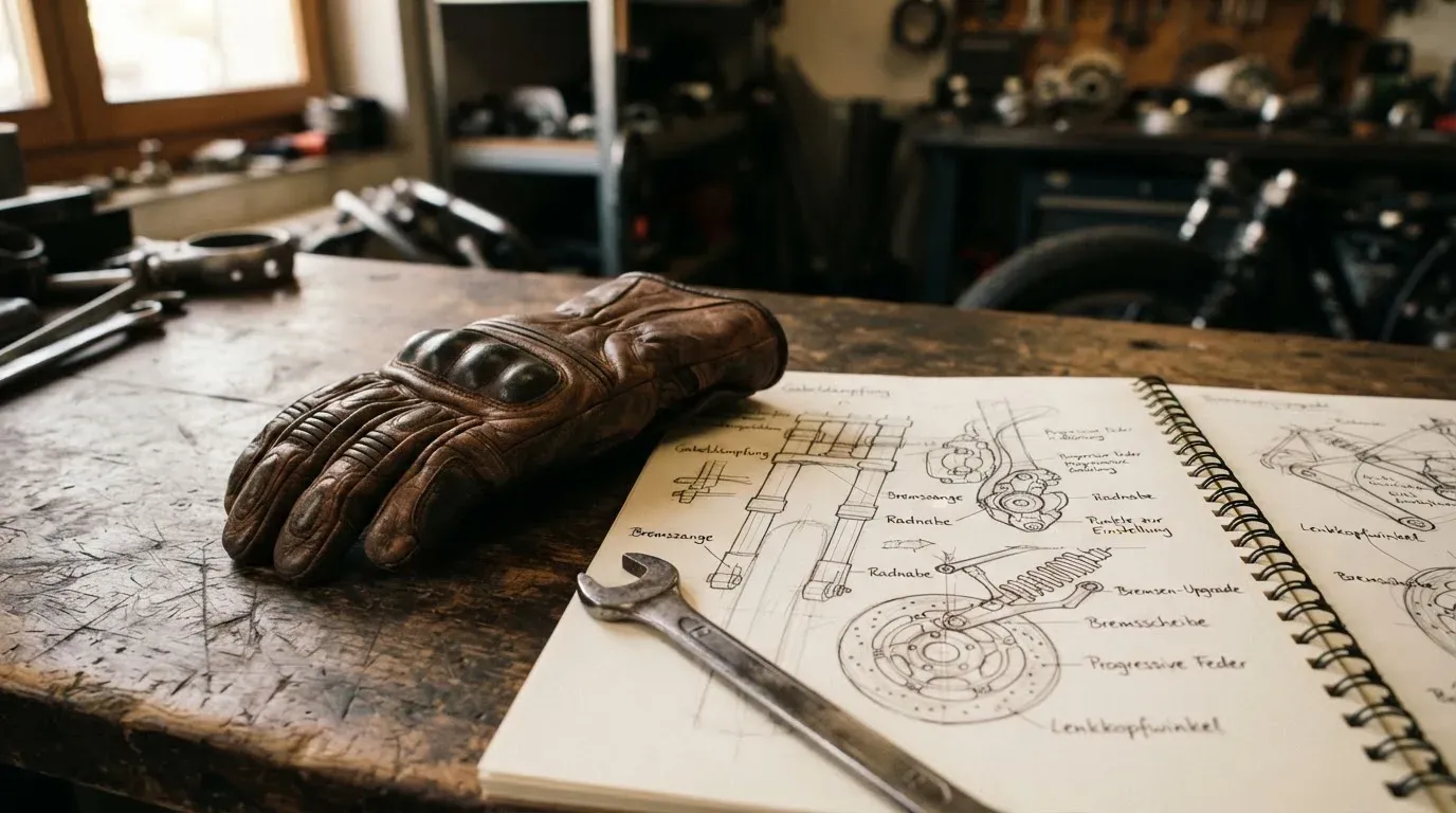 Ein Motorradhandschuh aus Leder liegt auf einer Werkbank neben einem Block mit handgezeichneten Skizzen und einem Schraubenschlüssel.