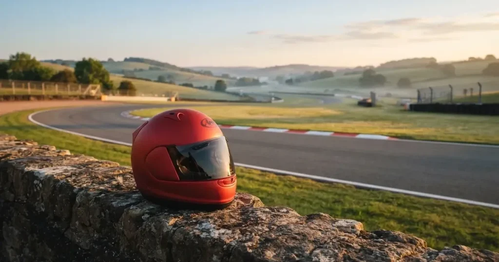 Eine leere Rennstrecke mit rot-weissen Randsteinen im Morgenlicht, im Hintergrund sanfte Hügel und ein einzelner Motorradhelm auf einer niedrigen Mauer.