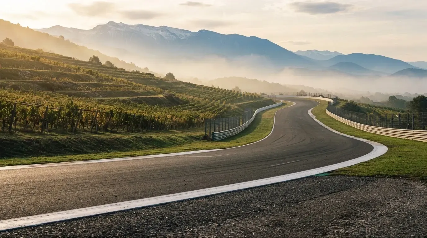 Eine Rennstrecke aus der Ferne zwischen Weinbergen und einer Bergkette, Dunst liegt am frühen Morgen über dem Asphalt.