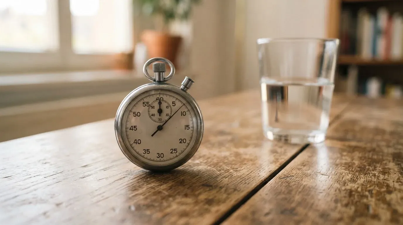 Eine Stoppuhr aus Metall liegt auf einem Holztisch neben einem Glas Wasser, das Licht fällt von der Seite durch ein Fenster.