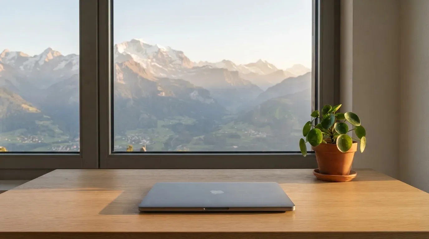 Ein Schreibtisch mit einem geschlossenen Laptop und einer Zimmerpflanze vor einem Fenster mit Blick auf eine Bergkette im Morgenlicht.