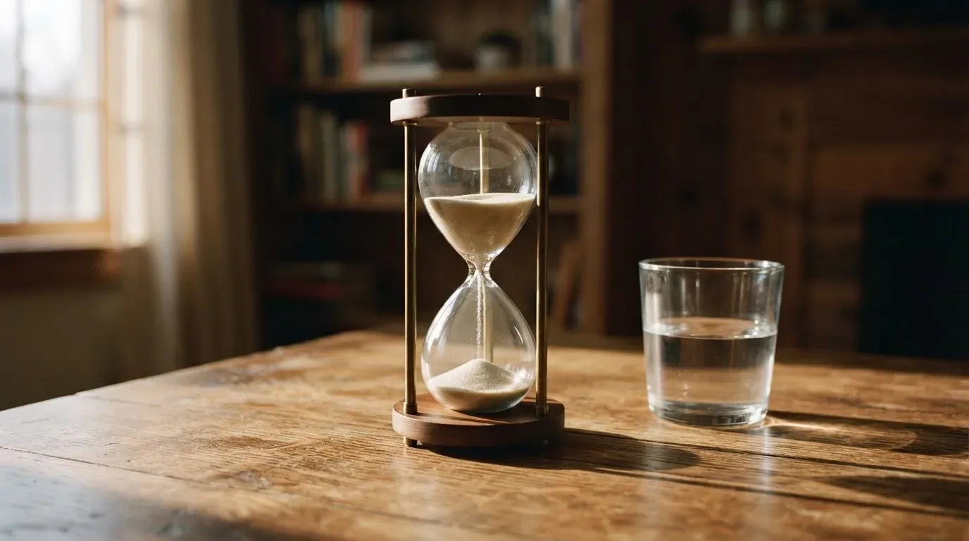 Eine Sanduhr steht auf einem Holztisch neben einem Glas Wasser, schräges Morgenlicht wirft einen langen Schatten über die Tischplatte.