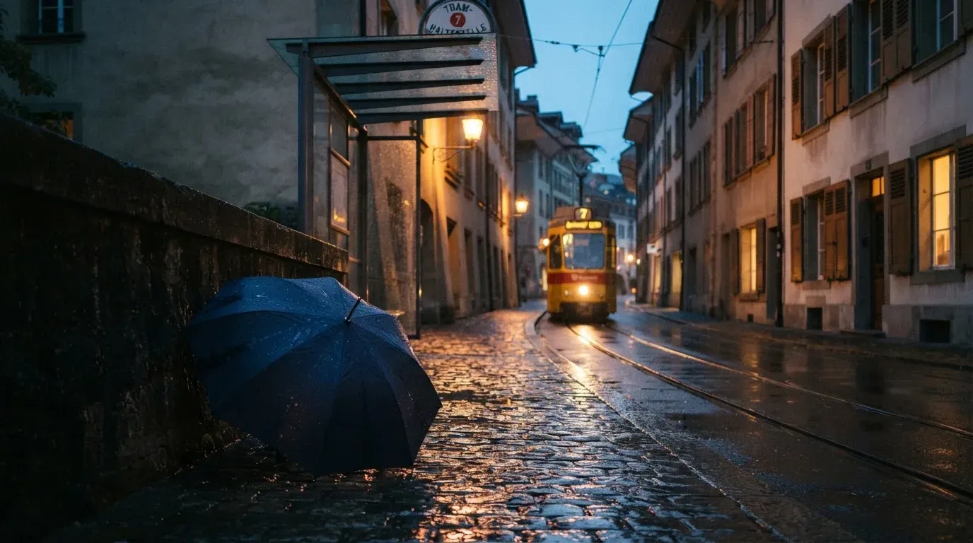 Eine Tramhaltestelle bei Regen in einer Altstadtgasse, das Kopfsteinpflaster glänzt und ein einzelner Regenschirm lehnt an einem Mäuerchen.