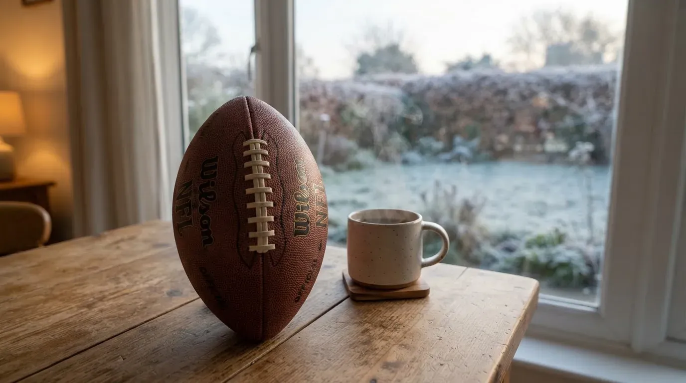 Ein Kaffeebecher und ein Football stehen auf einem Küchentisch am Morgen, durch das Fenster sieht man einen Garten mit Raureif.