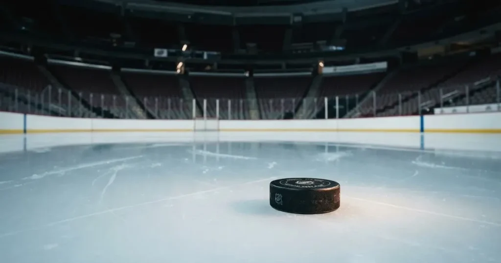Ein Eishockeypuck liegt auf einer glatten Eisfläche, im Hintergrund erheben sich die dunklen Ränge einer leeren Halle.