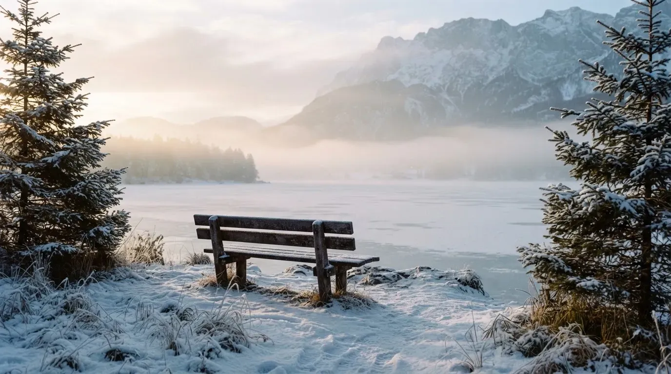 Ein zugefrorener Bergsee im Morgendunst, am Ufer steht eine einsame Holzbank zwischen verschneiten Tannen.
