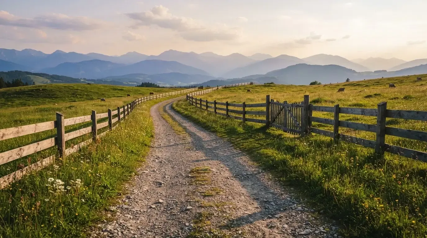 Ein Feldweg führt zwischen Weiden mit Holzzaun auf eine Hügelkette zu, über den Wiesen liegt weiches Abendlicht.