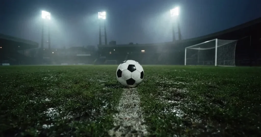 Ein Fussball liegt auf der Strafraumlinie eines nassen Rasens, dahinter stehen Flutlichtmasten im aufsteigenden Nebel.