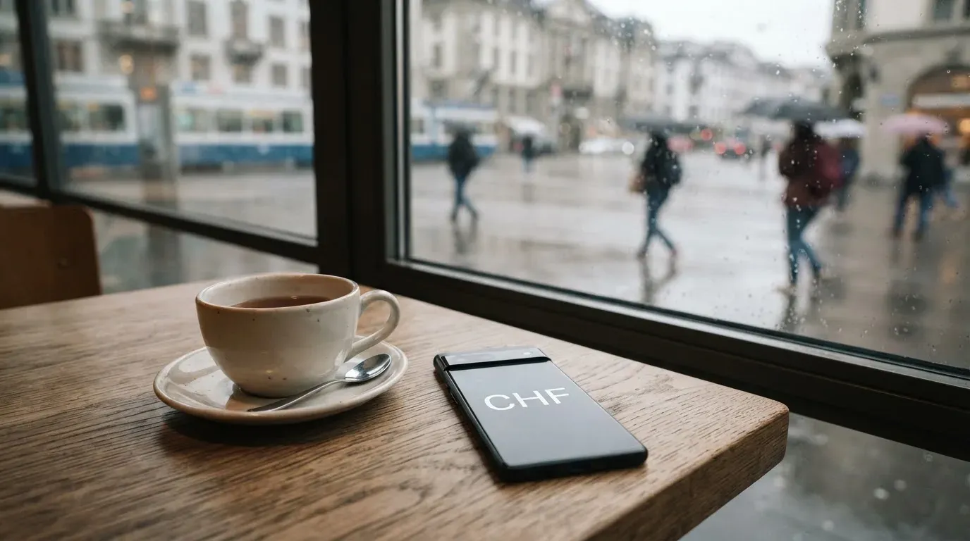Ein Café-Tisch am Fenster mit einer Teetasse, draussen ein nasser Gehweg und Passanten mit Regenschirmen in unscharfer Ferne.