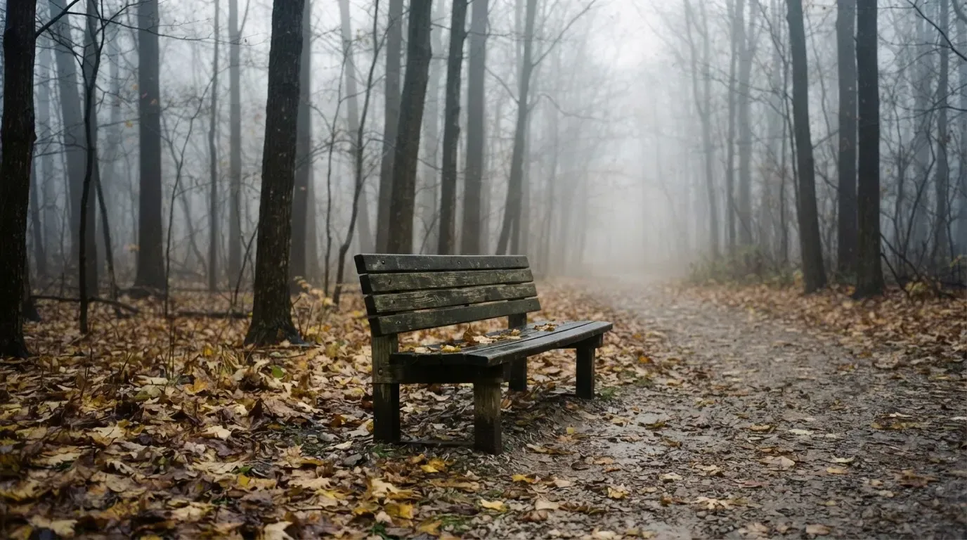 Eine Parkbank unter Herbstbäumen an einem ruhigen Weg, Nebel hängt zwischen den Stämmen und Laub bedeckt den Boden.