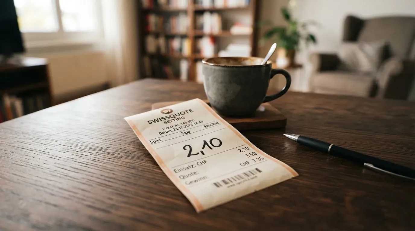 Ein leerer, weisser Wettschein aus Papier liegt auf einem Holztisch neben einem Kugelschreiber und einer Kaffeetasse.