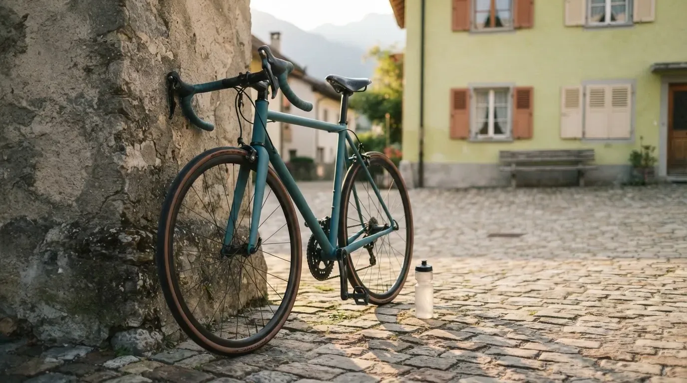 Ein Rennrad lehnt an einer Steinmauer am Rand eines Dorfplatzes, daneben eine Trinkflasche im ersten Sonnenlicht.