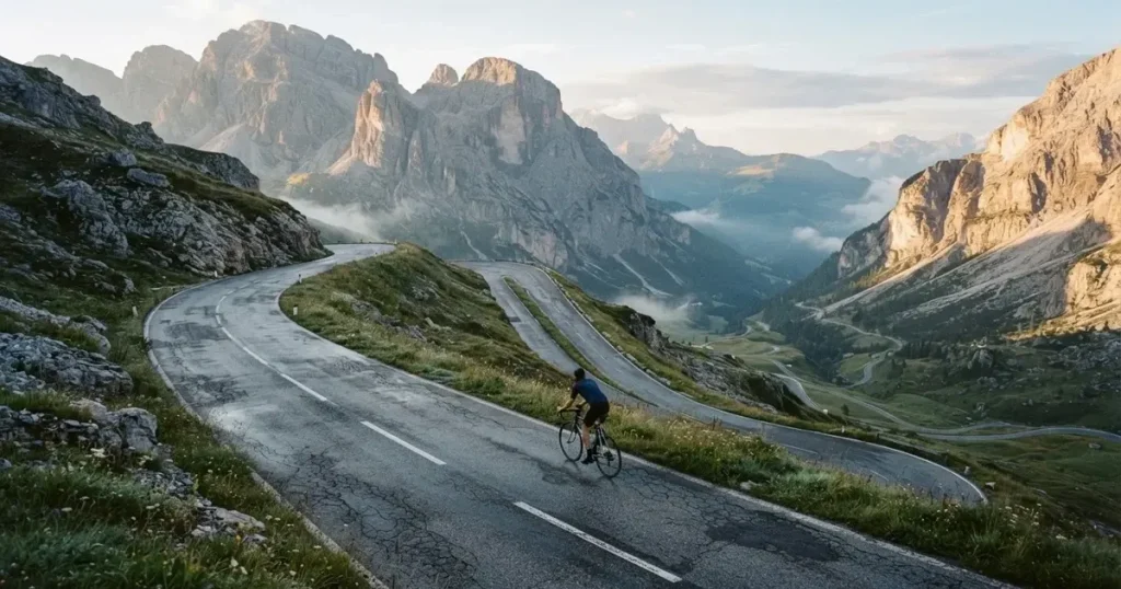 Eine Landstrasse schlängelt sich einen Alpenpass hinauf, am Strassenrand liegt feuchtes Gras und die Morgensonne färbt die Felsen.