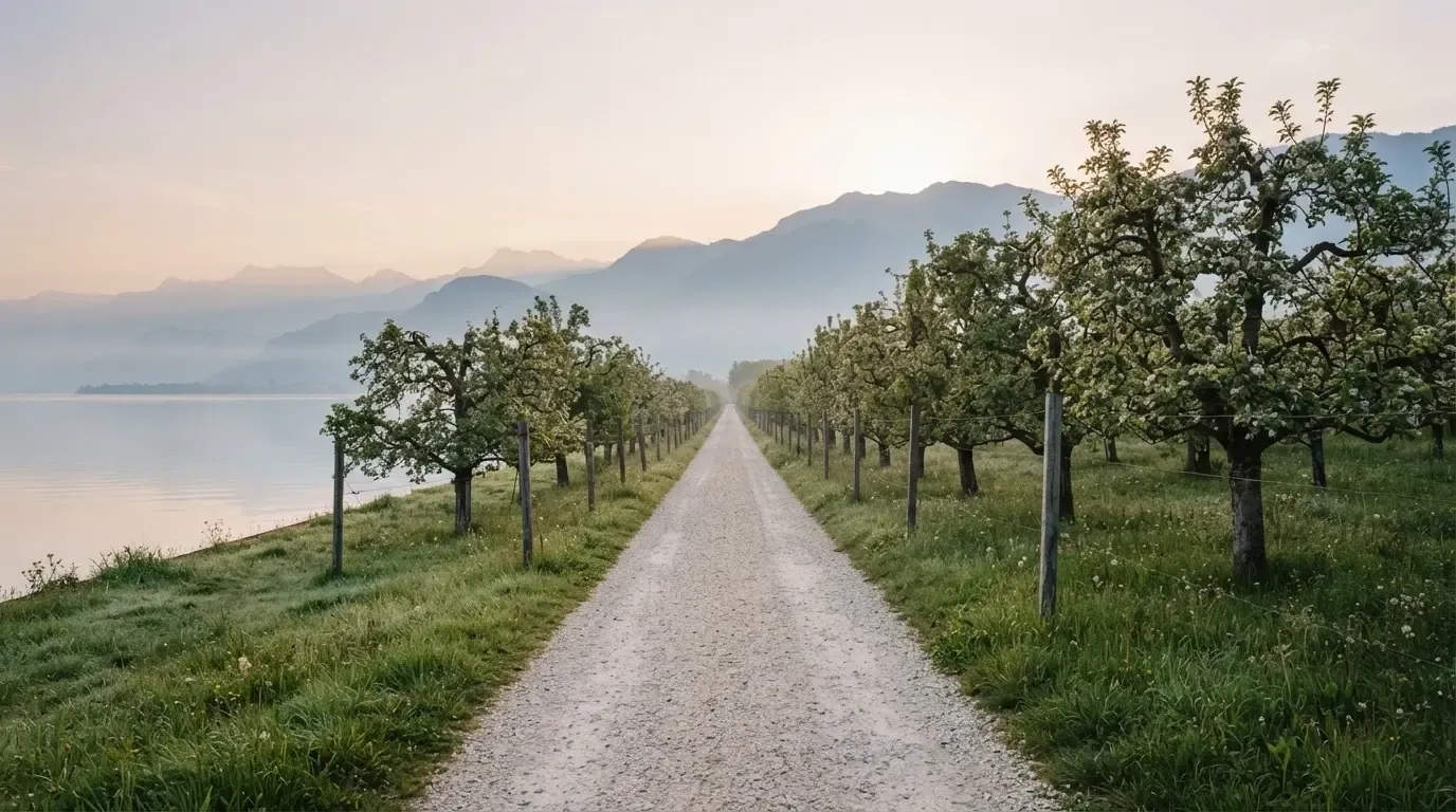 Ein langer Kiesweg zwischen Obstbäumen am Seeufer, im Hintergrund die Silhouette von Bergen im Dunst eines frühen Morgens.