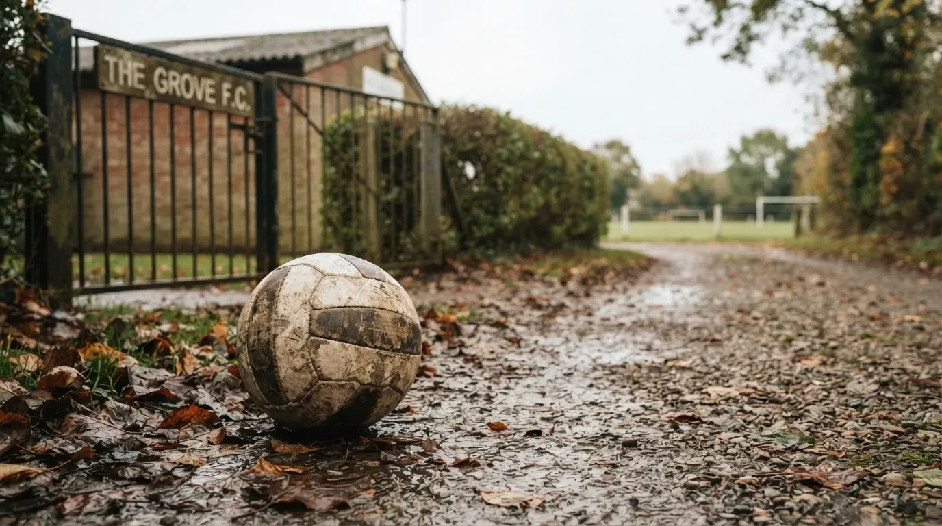 Ein abgenutzter Fussball liegt auf einem Kiesweg neben dem Eingang eines Vereinsplatzes, Laub liegt auf dem Boden.