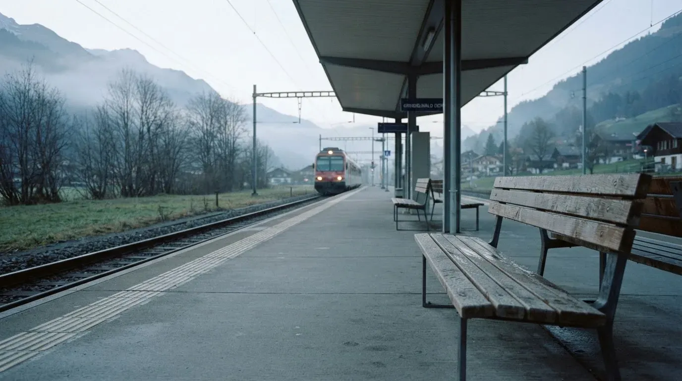 Ein Bahnsteig mit leeren Bänken an einem Regionalbahnhof am Morgen, ein Zug fährt in der Ferne ein.