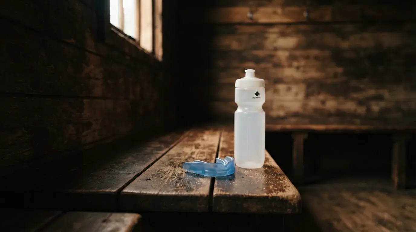 Ein Mundschutz liegt auf einer Holzbank neben einer Trinkflasche in einer schlichten Kabine, durch das Fenster fällt Morgenlicht.