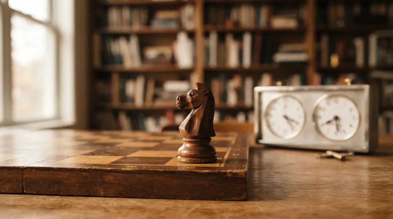 Ein Springer aus Holz steht allein auf einem Brett neben einer Schachuhr aus Metall, im Hintergrund unscharfe Bücherregale.
