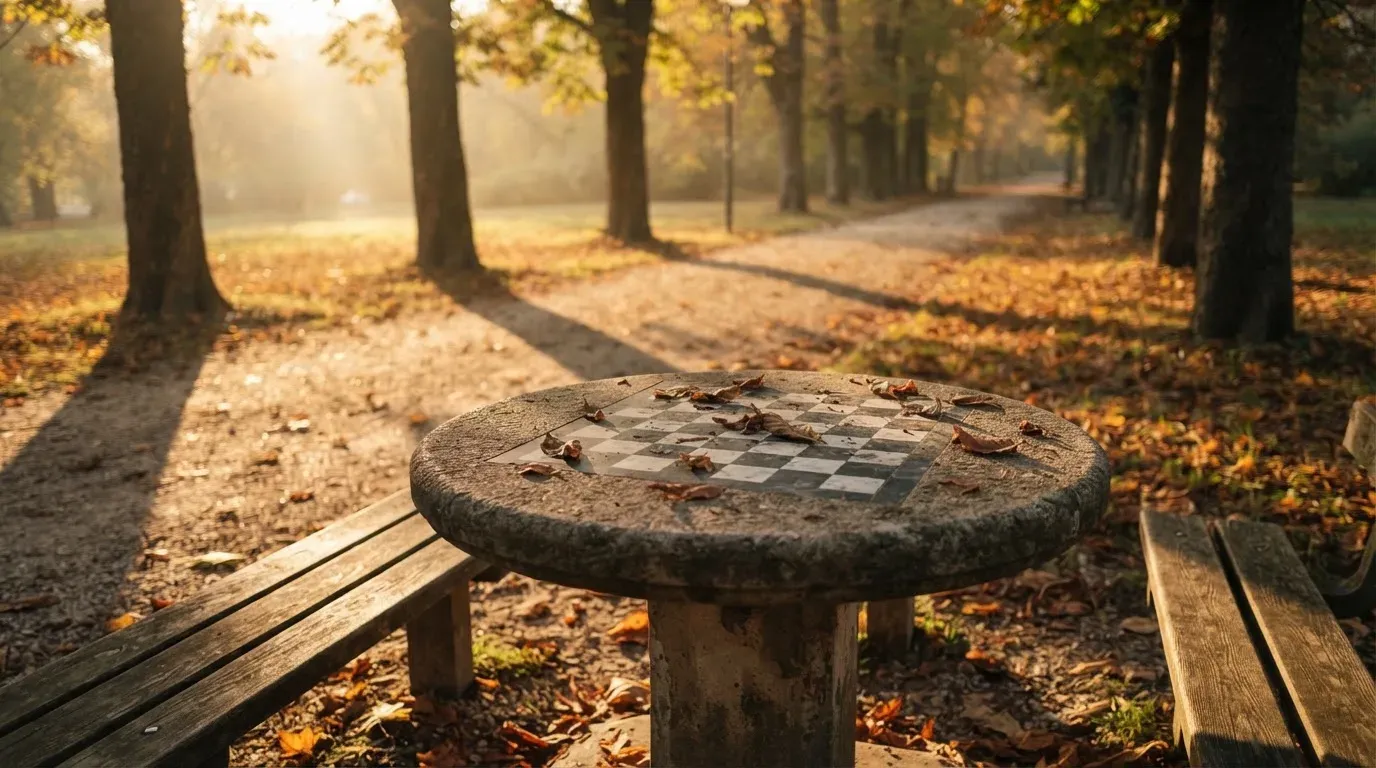Ein Parkbank-Tisch mit eingelassenem Spielfeld unter alten Kastanien, auf den Wegen liegt Laub und die Sonne steht tief.