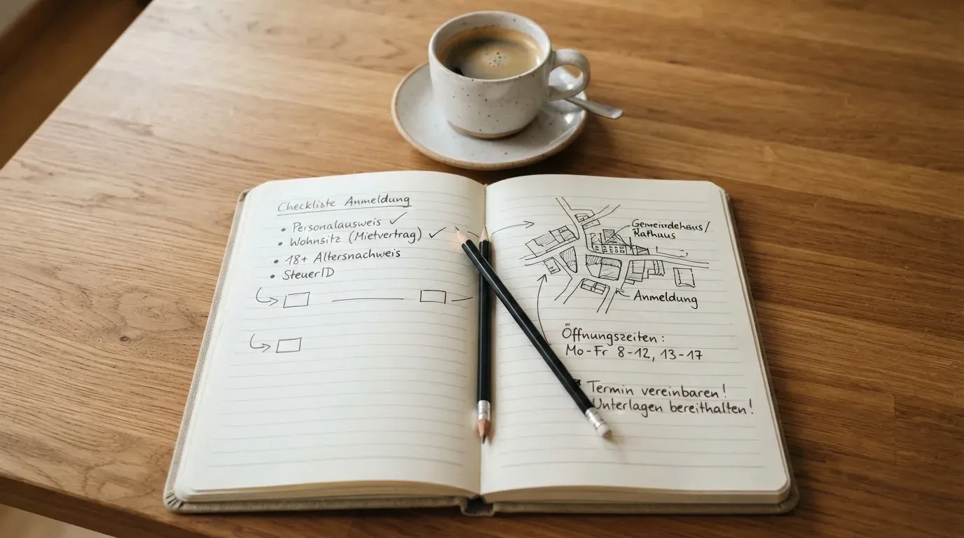 Ein aufgeschlagenes Notizbuch mit handschriftlichen Skizzen neben einem Bleistift und einer Kaffeetasse auf einem Holztisch.