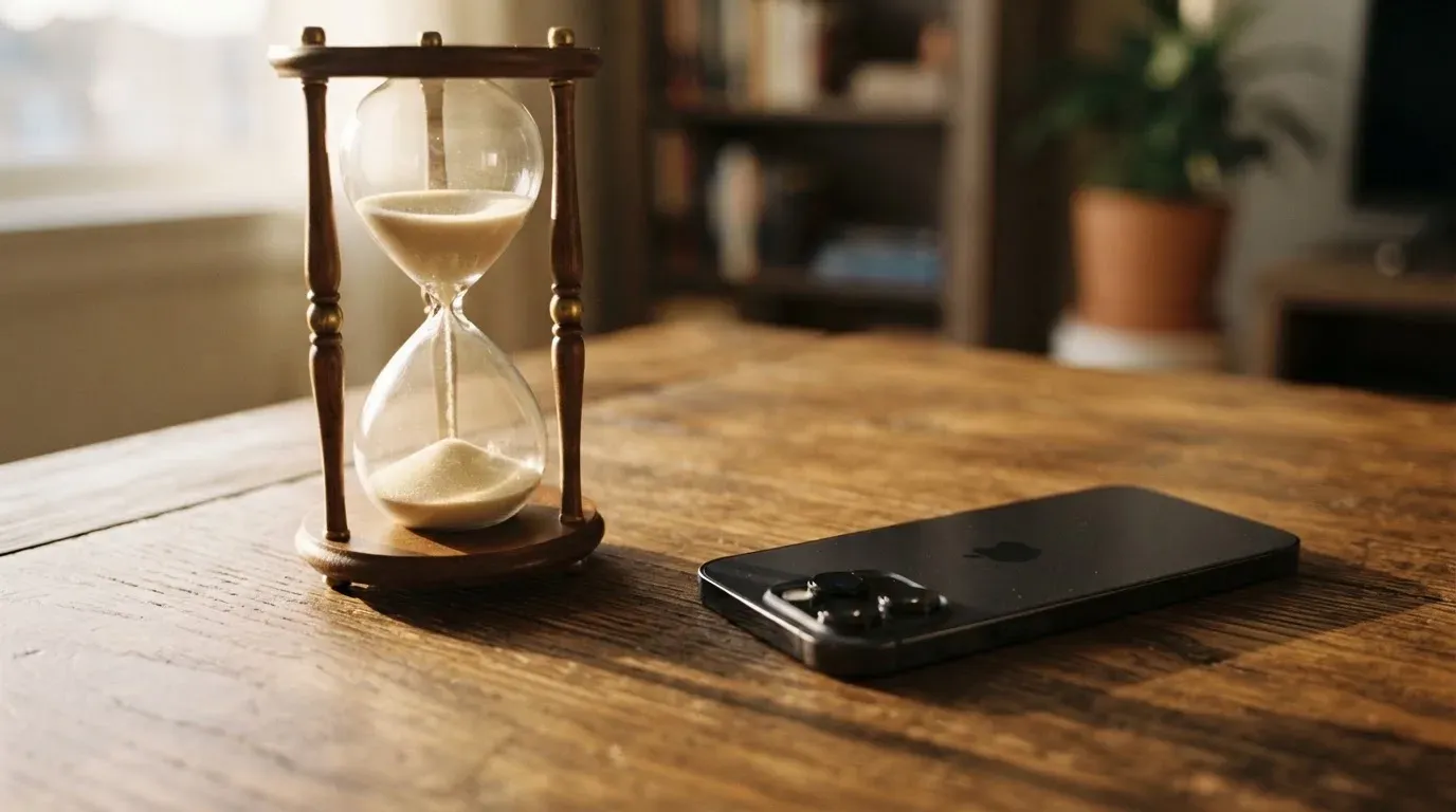 Eine Sanduhr steht auf einem Holztisch neben einem umgedrehten Smartphone, warmes Licht fällt von der Seite ein.