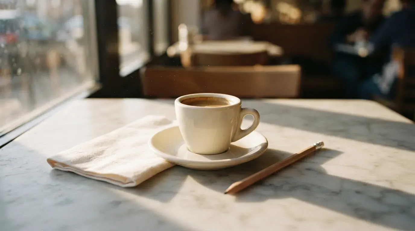 Eine Espressotasse und ein Bleistift liegen auf einem Caféhaustisch neben einer gefalteten Stoffserviette im Licht der Morgensonne.