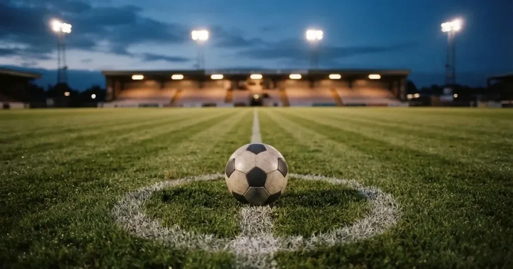 Ein Fussball liegt auf dem Anstosspunkt eines leeren Rasenplatzes in der Abenddämmerung, dahinter leuchten Flutlichtmasten über einer Tribüne.