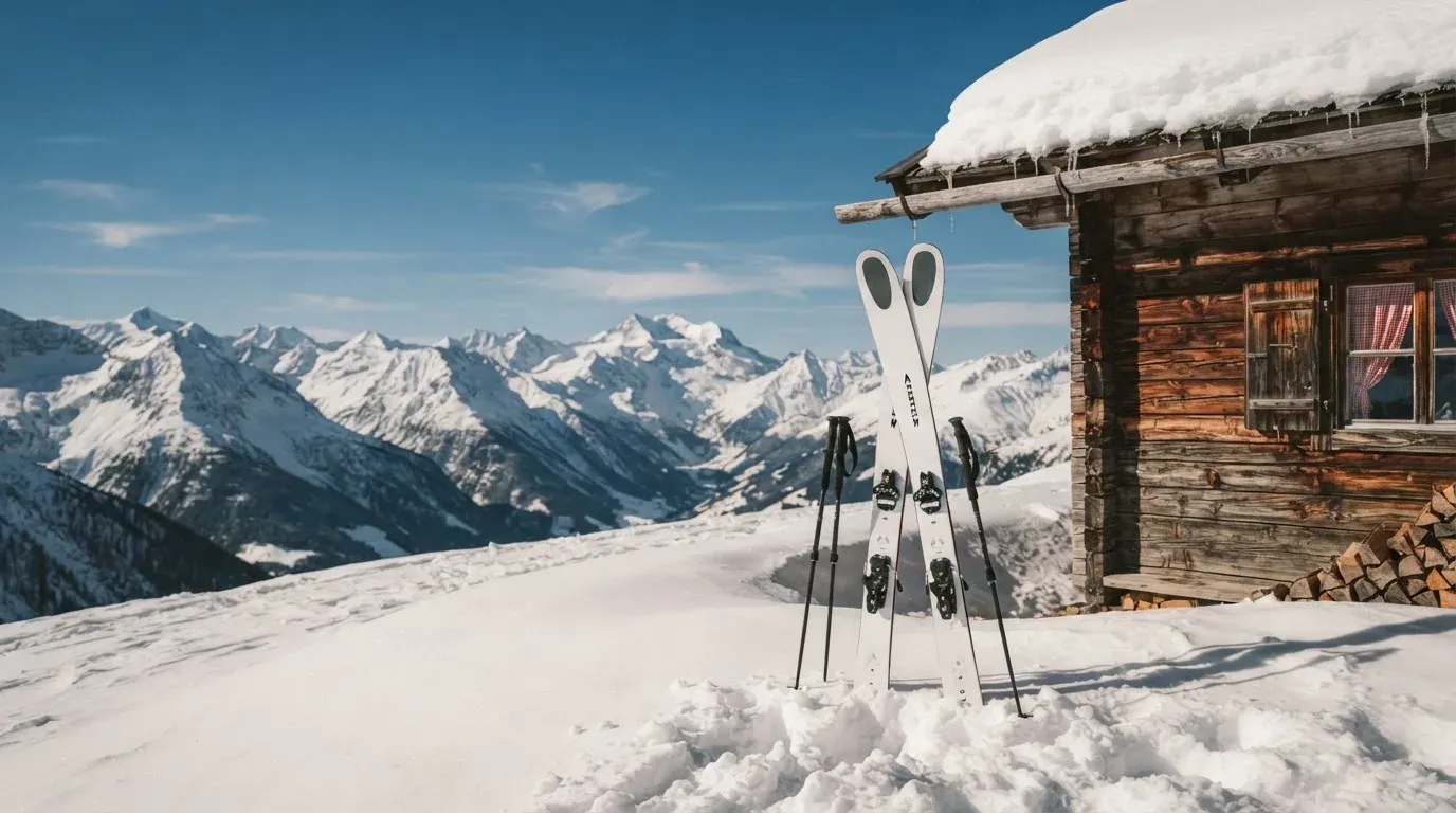 Zwei Skier stecken aufrecht im Schnee neben einer Holzhütte, dahinter ein weites Alpenpanorama bei klarem Himmel.