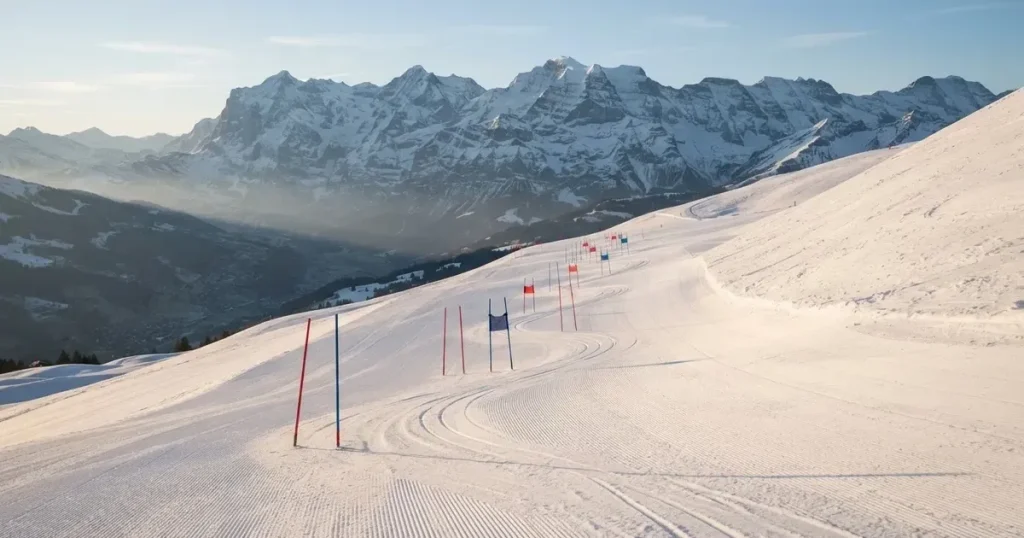 Ein frisch präparierter Hang mit Slalomstangen in einer Reihe im ersten Morgenlicht, Schneespuren im Hang und Berge im Hintergrund.