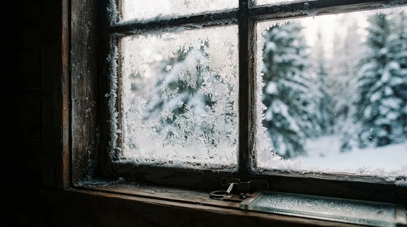 Ein vereistes Fenster einer Berghütte mit Blick auf verschneite Tannen im blassen Winterlicht.