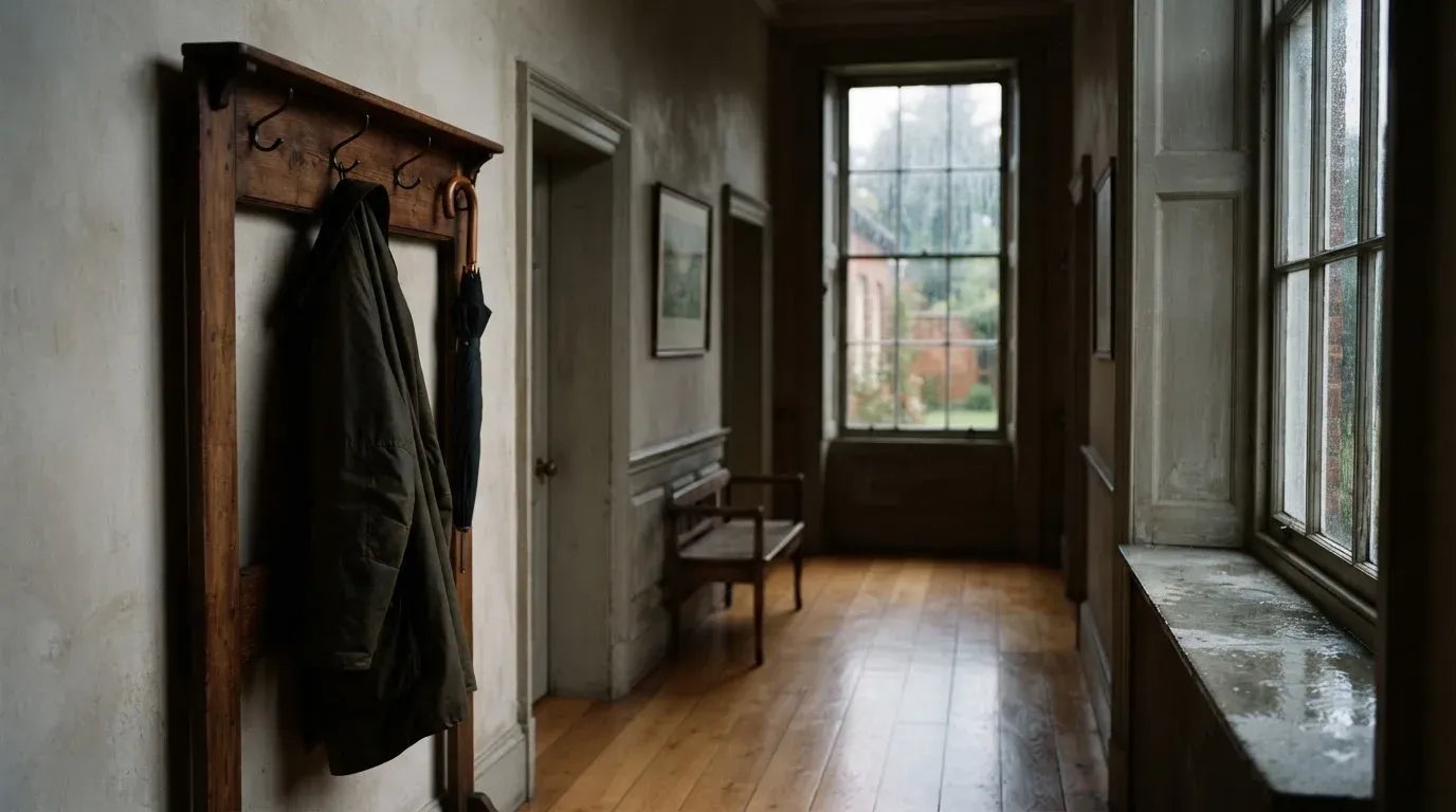 Eine Garderobe aus Holz mit einem dunklen Regenschirm in einem stillen Korridor, am Fenster rinnt Regen herunter.