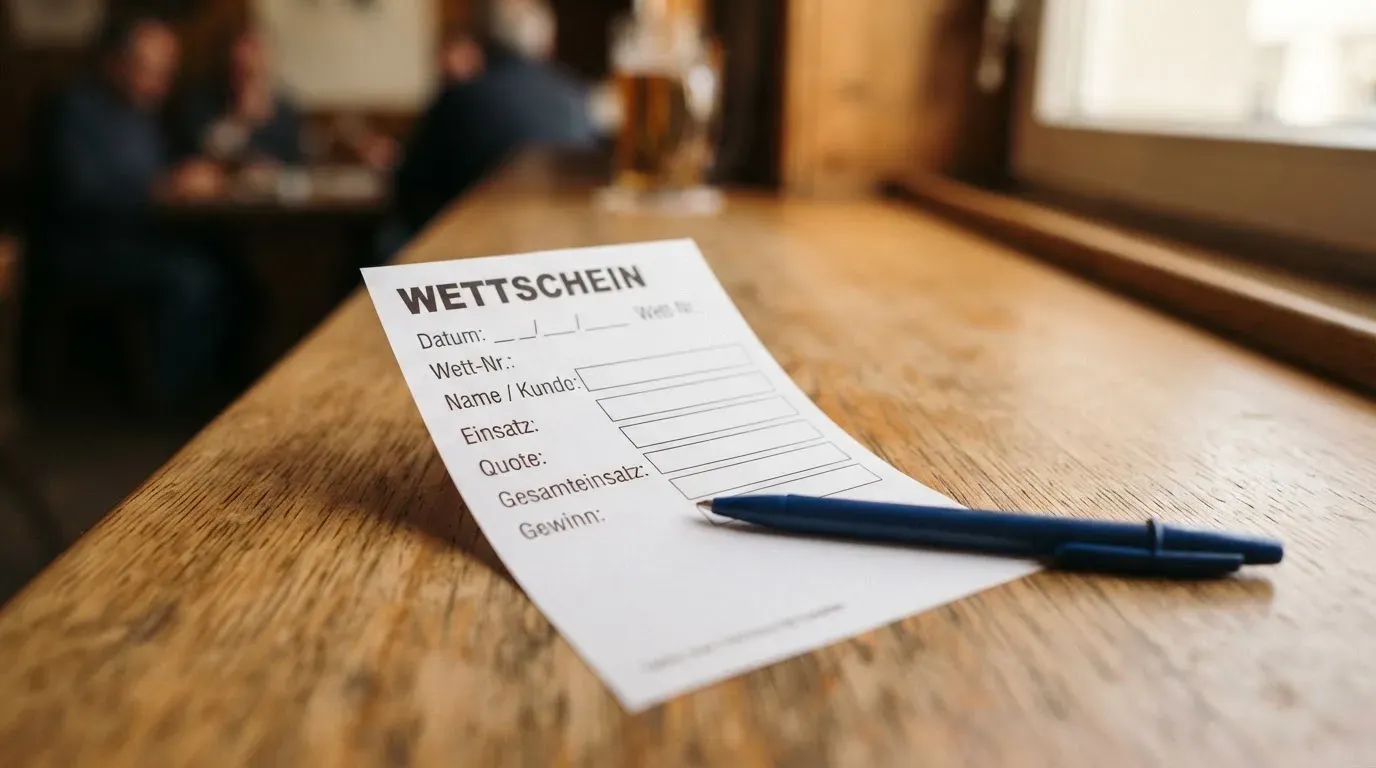Ein leerer Wettschein aus Papier und ein Kugelschreiber liegen auf einer hölzernen Theke im Nachmittagslicht.