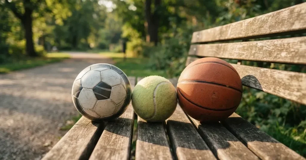 Drei Sportbälle, ein Fussball, ein Tennisball und ein Basketball, liegen nebeneinander auf einer Holzbank.