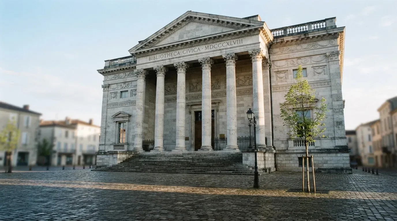 Die Fassade eines Steingebäudes mit Säulen an einem ruhigen Platz im Morgenlicht, ohne Menschen davor.