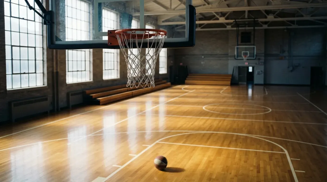Ein Basketballkorb hängt in einer leeren Turnhalle, durch hohe Fenster fällt Licht auf das Holzparkett.