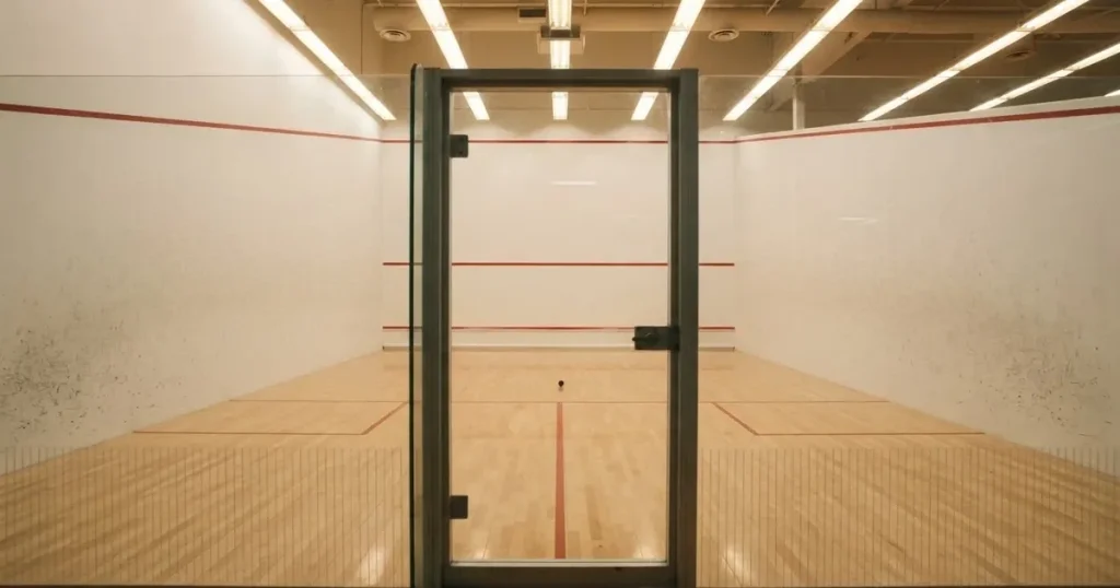 Ein leerer Squashcourt mit weissen Wänden und hellem Holzboden, ein Ball liegt in der Mitte, Deckenlicht spiegelt sich im Parkett.
