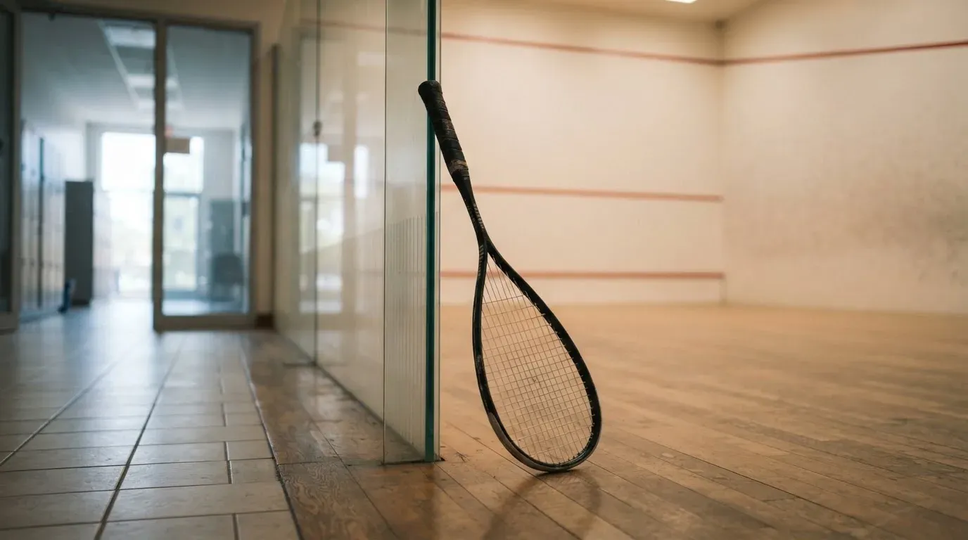 Ein Squashschläger lehnt an der Glaswand eines leeren Courts, draussen fällt Tageslicht in den Gang.