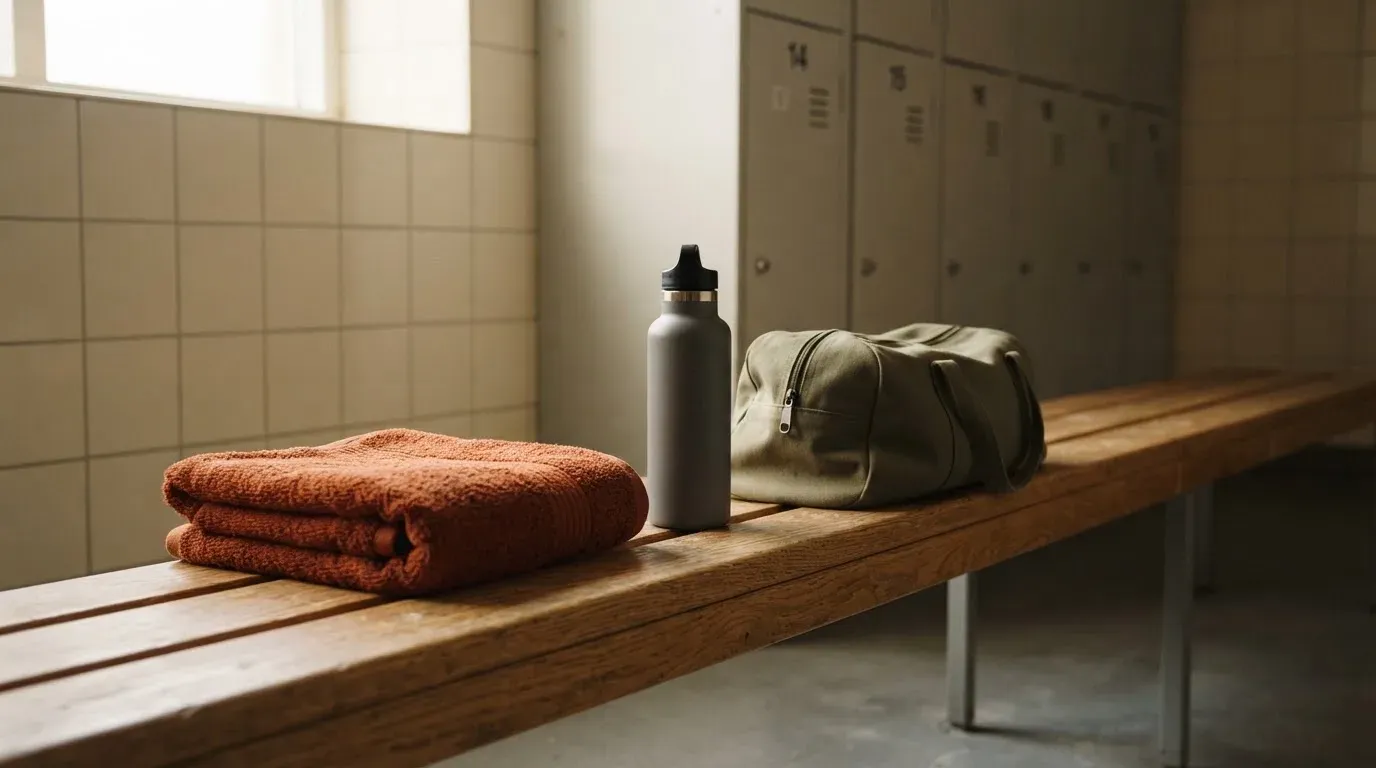 Ein Frottiertuch und eine Trinkflasche liegen auf einer Bank neben einer Sporttasche in einer ruhigen Garderobe.