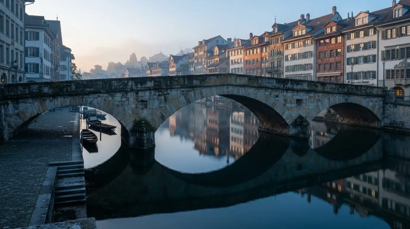 Ein steinerner Brückenbogen über einem Fluss in einer Schweizer Altstadt im ersten Morgenlicht.