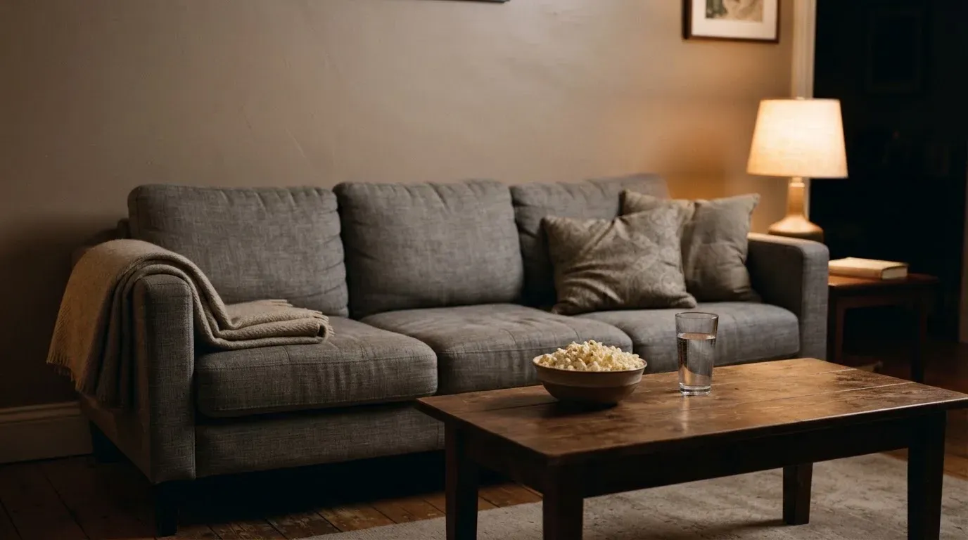 Ein Sofa mit Wolldecke und eine Schale Popcorn auf dem Couchtisch in einem Wohnzimmer bei Lampenlicht am späten Abend.