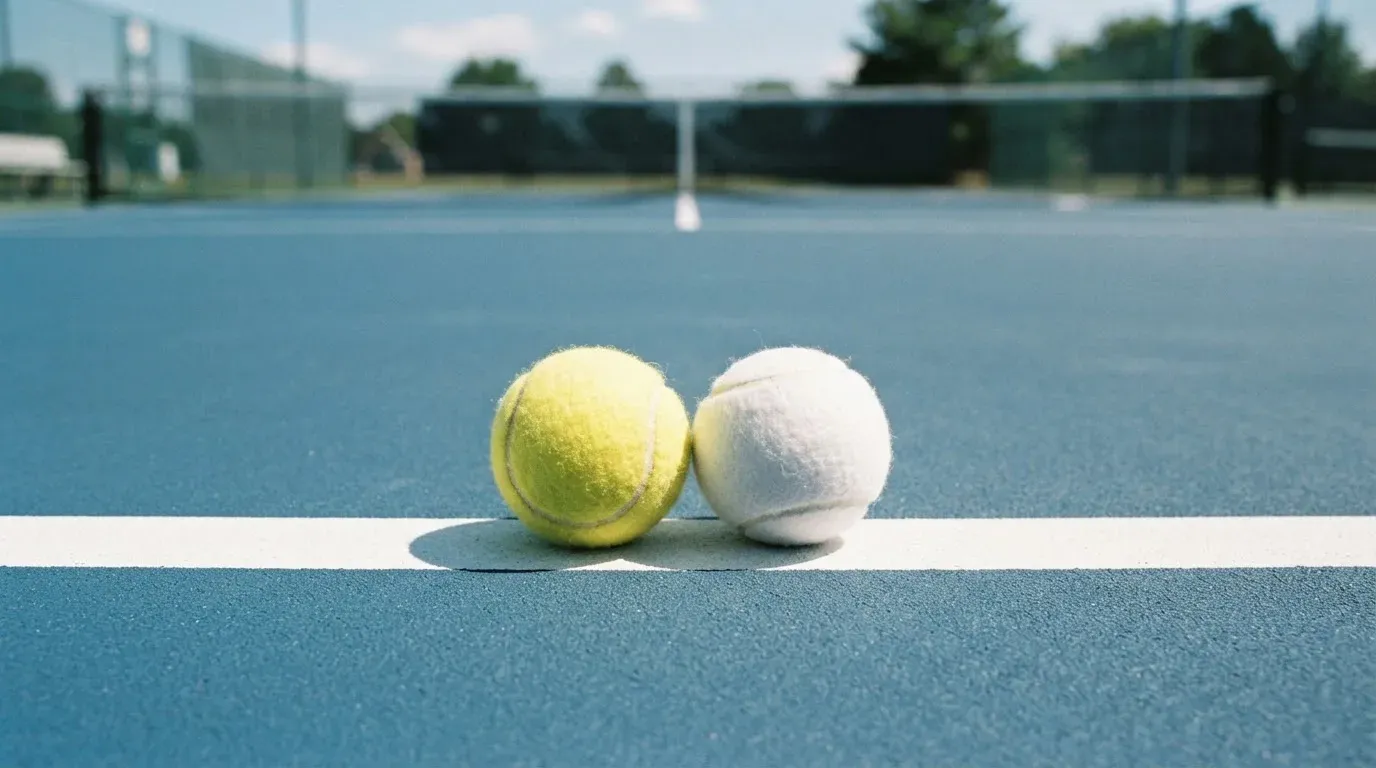Zwei Tennisbälle liegen auf der weissen Grundlinie eines Hartplatzes im grellen Sonnenlicht.