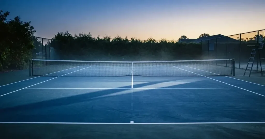 Ein leerer Tennisplatz im Morgengrauen, der Netzschatten fällt lang über den Platz, über der Grundlinie liegt leichter Nebel.