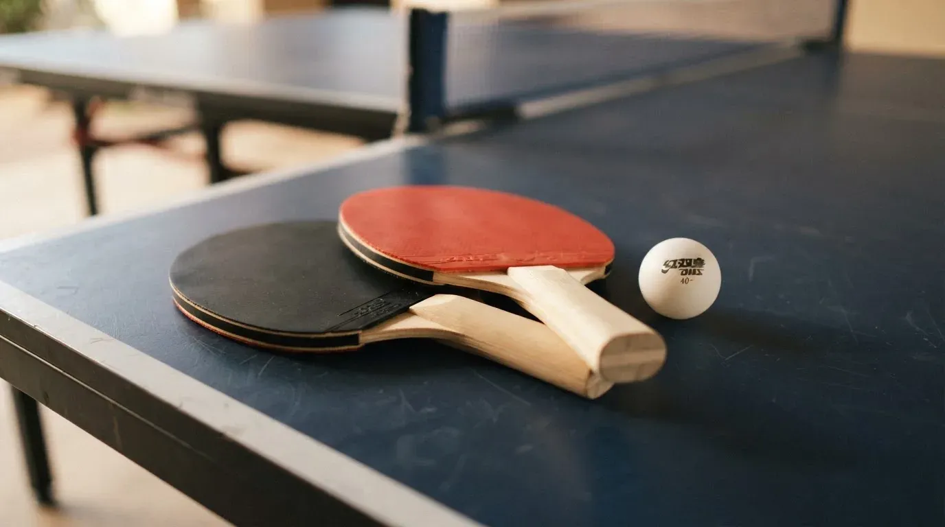 Zwei Tischtennisschläger liegen gekreuzt am Rand einer Platte, daneben ein kleiner weisser Ball.