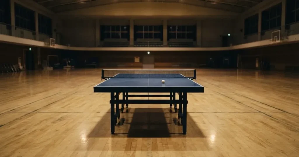 Eine Tischtennisplatte mit Netz in einer leeren Sporthalle, ein heller Ball liegt auf einer Seite, Deckenlicht spiegelt sich im Hallenboden.