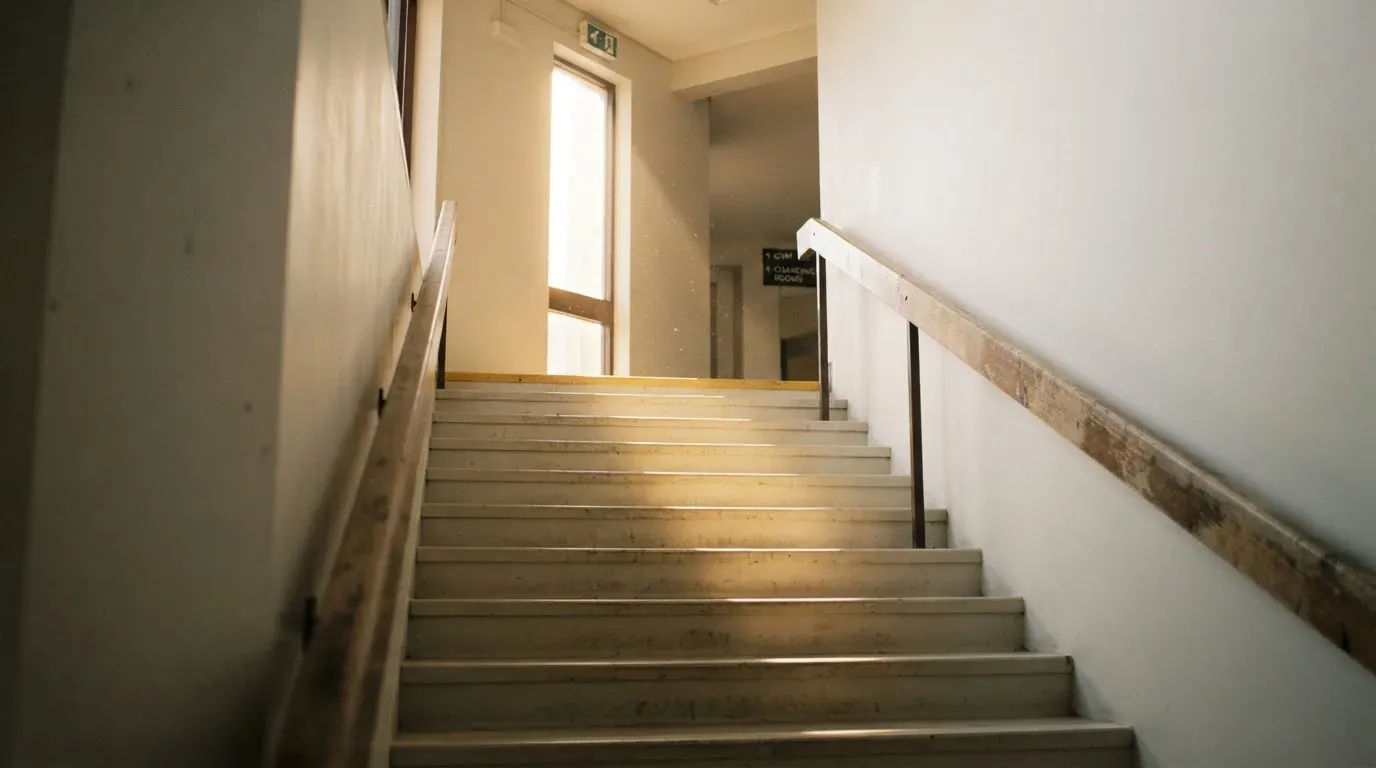 Ein stilles Treppenhaus eines Gemeindesportzentrums, durch ein Fenster fällt Nachmittagslicht auf die Stufen.