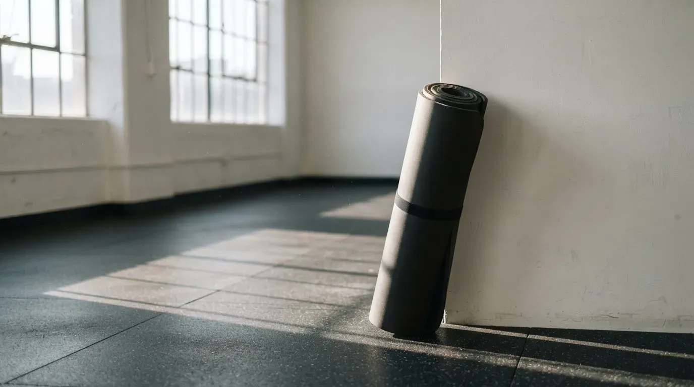 Eine zusammengerollte Trainingsmatte in der Ecke eines leeren Fitnessraums, durch hohe Fenster fällt Morgenlicht.